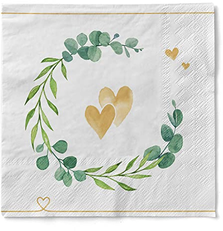 Sovie HORECA Serviette Eukalyptus/Herz aus Tissue 33 x 33 cm, 3-lagig, 100 Stück – elegante Hochzeitspapierservietten mit Eukalyptuskranz und goldenen Herzen auf Weiß