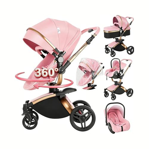 Magic ZC 360° Rotation PU-läder babyvagn 3 i 1, 3-delad vagn med 360° vridbar konvertibel sits, hopfällbar barnvagn med ett klick, tredelad barnvagn (906 rosa)
