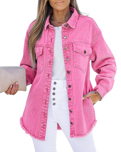 luvamia Chaqueta vaquera para mujer con botones, dobladillo deshilachado, chaqueta camisa de manga larga con bolsillos, chaquetas vaqueras oversize, Rosa Magenta, L
