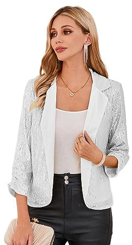 Blazer à Sequins Devant Ouvert Élégant Veste de Costume Manches 3/4 pour Bureau 2XL Argenté