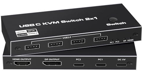 Tendak Commutateur KVM USB-C 2 en 1 Out Type-C pour PC Ordinateur USB-C Commutateur KVM avec 4 ports USB 2.0 Prise en charge 8K @ 60Hz, 4K @ 120Hz, 2 PC Share Souris, clavier et moniteur