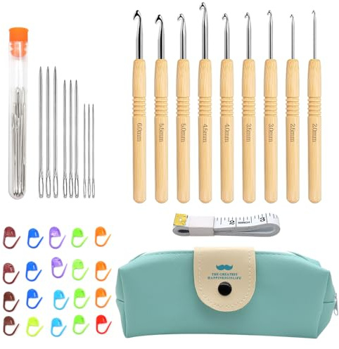 GYSRXS Crochet Set 9 Stück Leicht Häkelnadel Ergonomisch mit Holzgriff and Tragbaren Taschen Häkeln für anfänger DIY-Stricker und Häkelgarn,Von 2.0mm-6.0mm(Blau)