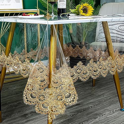 SLDAGe PVC Tischdecke Transparent Wasserdicht Abwaschbare Tischdecke, 2pcs Rechteckig Plastiktischdecke mit Brauner Spitzenkante, Partytischdecken, Durchsichtige Abwischbare Tischdecke,110x160cm