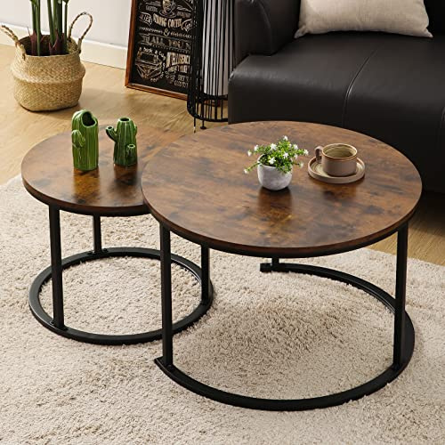 BIGTREE Set de 2 mesitas redondas, mesita de centro de madera, moderna, mesita con estructura de metal, para salón, balcón, oficina (Marrón)
