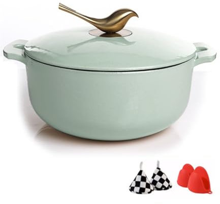 YLWX Olla De Horno Holandés De Hierro Fundido Esmaltado, Olla De Sopa Con Tapa De Pájaro, Cocotte For Estofado, Cacerola De Inducción, Olla For Horno, Cazuela De 24cm(Color:Verde)