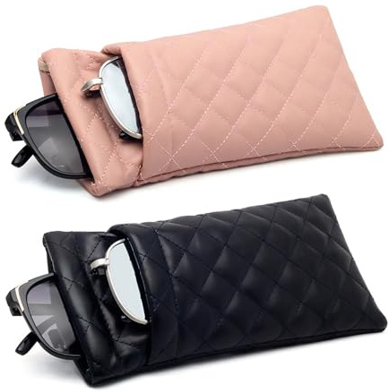 ANLIOTO 2 Stück Doppel-Brillenetui, PU-Leder, Doppelbrillenetui, großes Brillenetui mit Quetschverschluss, tragbares Sonnenbrillenetui mit Reinigungstuch für Damen und Herren, schwarz/pink,