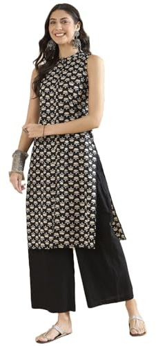 miss fame Women Sleeveless Printed Cotton Kurta with Palazzo - L Brown