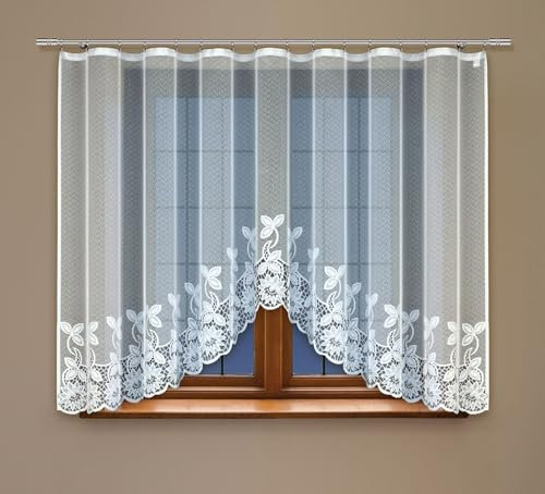 Gardinen Vorhangen Weiß 300x110 cm (BxH) Portico Jacquard Kurz Bogen Vorhänge mit Kräuselband Blumen Muster Küchengardinen Wohnzimmer Gardinenschals Florale Motive