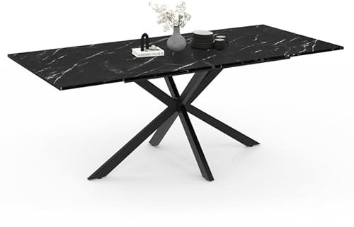IDMarket - Esstisch, ausziehbar, rechteckig, Alix, 6-10 Personen, Spinnenfuß, Schwarz und Platte mit Marmor-Effekt, Schwarz, Alaska, 160 – 200 cm
