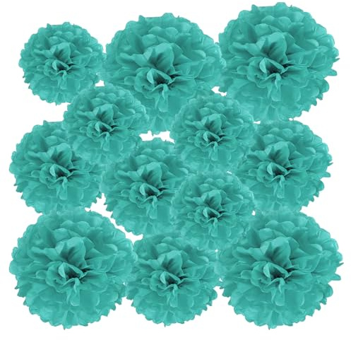 PATIKIL 12 Stück 10/15/20 cm Pom Poms Papier Blumen, Papierblumen Hochzeitsdeko Seidenpapier für Hochzeit Brautdusche Geburtstagsparty Hintergrund Dekoration, Türkis