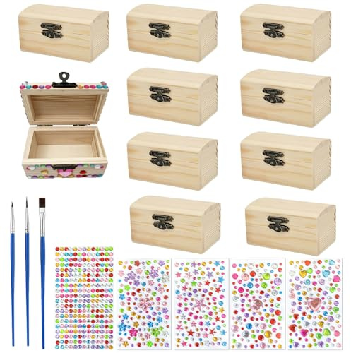 YUNXCNA Trälåda liten, 10 stycken skattkista av trä, smyckeskrin i trä, pysselset, rektangulär trälåda, med 5 diamantklistermärken, för målning, dekoration och hantverk