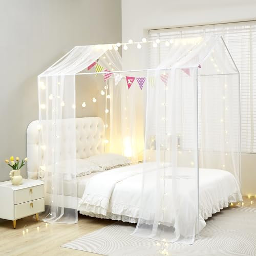 ZIQINPSQ House Bed Canopy Bed Curtains,2pcs Montessori Floor Bed Canopy for Girls Boys,Mosquito Net For Kids Wood Bed Frame,Bedroom Decorations (White)