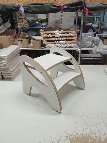 Skyline Tritthocker für Kinder, Tritt-Schemel, Kinderschemel mit 2 Stufen, mit Antirutschmatte und Griff, multifunktional, für Badezimmer, Küche, Kinderzimmer (Weiß-Holzimitat)