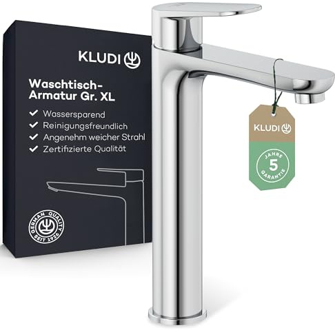 KLUDI-X1 Wasserhahn Bad hoch, Auslaufhöhe 210 mm, wassersparende Waschtischarmatur Größe XL, Keramikkartusche, Mischbatterie Waschbecken inkl. Anschlussschläuche in Chrom