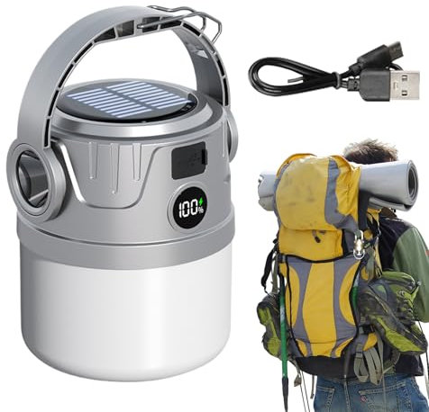Lampe Solaire de Camping - Lanterne LED Portable Rechargeable à Énergie Solaire - Torche Étanche avec Affichage Numérique pour Pêche, Garage et Randonnée