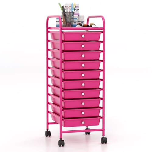 GOPLUS Rollwagen mit 10 Schubladen, Rollregal Badrollwagen, Beistellwagen Haushaltswagen Rollcontainer Badrollwagen Badtrolley Badregal (Rosa)