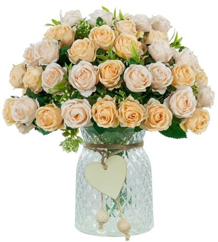 DuHouse 6 Branch Mini Rose Heads Artificial Flowers Bouquet for Wedding Home Parties Decor(Champagne)