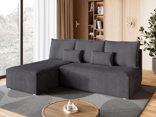BROMARKT Ecksofa mit Schlaffunktion Sofa l Form Couch mit Bettkasten Wohnzimmer Möbel Cord Schlafsofa Wohnlandschaft Sofa 3 sitzer TOP 200x85x145 cm Grau