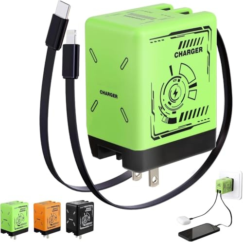 2-in-1 Compatible with Fast Charger, Charger Fast Charging, Retractable Phone Chargers Wall Plug with Lightning and Type-C Cables, Foldable Chargers for iPhone&Most Android (Green)