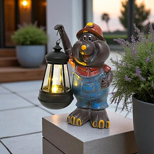 Arnusa Solar Maulwurf Figur mit LED Laterne – 21 cm Gartenfigur aus Polyresin – warmweißes Licht – Solarleuchte für Terrasse, Eingang & Beet – wetterfest