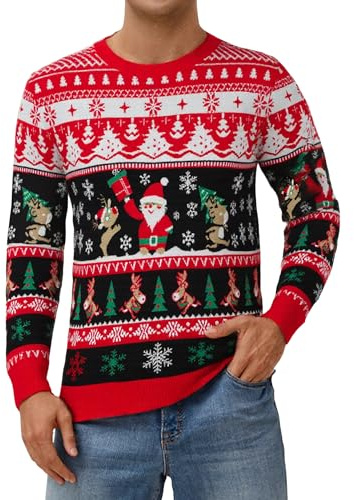 Atforna jultröja herr, ful jultröja, rolig jultröja med rund hals, stickad tröja med snöflinga för julfest, Röd & svart (jultomte), XL