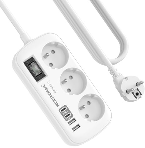 Multiprise 3 Prises avec 4 USB(2 USB-C), Multiprise Parafoudre et Surtension avec Interrupteur et Câble de 1,5 m, Fixation Murale pour Maison Bureau, Blanc 16A/4000W