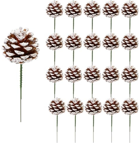 20 Pieces Christmas Pine Cones Decorations Picks - Snow Pine Cone for Xmas Tree Garland Wreath Ornaments Pinecones Decorating Winter Holiday Home