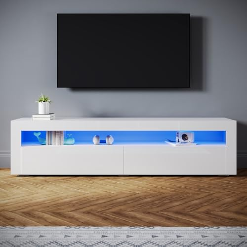 SONNI Mobile TV con illuminazione a LED moderno per soggiorno, Mobile TV bianco con telecomando e illuminazione LED orientabile, 12 colori, 180x40x45cm