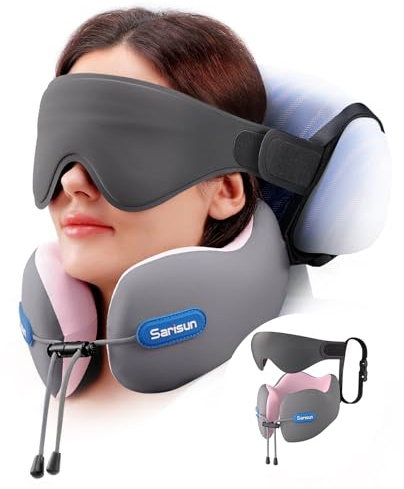 SARISUN Almohada de Viaje para Cuello, Cojin de Viaje Cuellos para Avión y Coche, Neck Travel Pillow, Viajes Accesorios Incluye Almohada Viaje Cuello Antifaz 3D para Dormir, Espuma Memoria Rosa