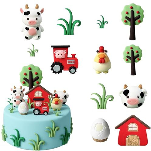 12pcs Farm Cake Toppers Cute Animal Figures for Birthday Party Decorations Barnyard Theme Supplies with Cow Chicken Tractor Red Barn House & Trees Reusable Resin Ornaments
