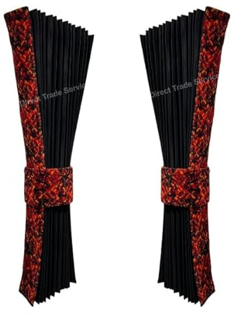 Direct Trade Service LKW Seitenvorhänge Set, Schwarz mit rotem dänischem Plüschbesatz, 240 x 93 cm, 2 vorgefaltete Vorhänge mit dänischem Plüsch Vorhangbänder, Universal Passform für Fahrerkabinen