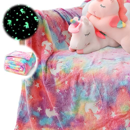 dellyy Couverture Lumineuse Licorne, 135 * 160cm Plaid Polaire étoile Enfant, Couverture Licorne Phosphorescente, Dinosaure,Sieste, Canapé (Arc-en-Ciel, 135 * 160CM, Licornes)