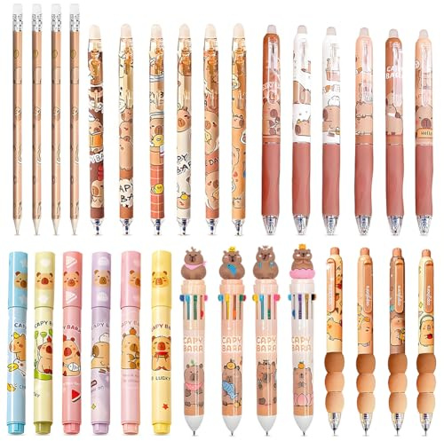 CYGMRFH Capybara Stifte Set 30 Stück, 6 Motive Löschbare Gelstifte 0,5mm mit Radiergummi Oben, Cartoon Capibara Kugelschreiber Textmarker Bleistift, Ideal Geschenk für Schule Büro Lehrer Schüler