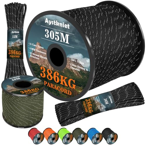 Aystkniet Reflektierendes Paracord, 4mm Paracord Seil mit 11 Kern, Max. 386kg, 15/30/60/305m Reißfest Allzweckseil für Outdoor Wandern Camping Survival Basteln