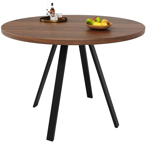 kozamas Petite table de cuisine 80 x 80 cm avec aspect noyer et structure en métal noir - Table à manger ronde stable jusqu'à 60 kg - Pour salle à manger, salon et bureau à domicile