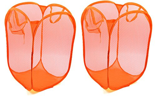 sourcing map 2uds Naranja Malla Bolsa Plegable Emergente Almacenamiento Ropa Sucia Lavandería Cesta Organizador