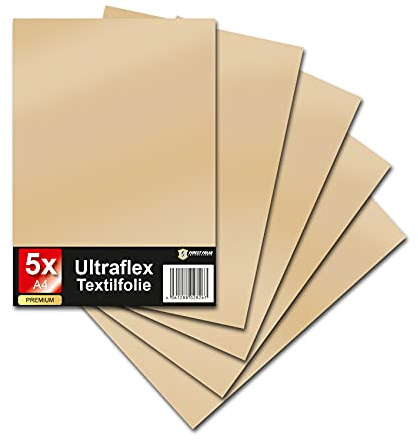 Finest Folia Ultraflex S Textilfolie für Plotter 61 Farben Din A4 Bogen 30x20cm Plotterfolie matt auf Stoffe Kleidung T-Shirt Folie Flexfolie DIY Zubehör (42 Beigebraun, 5er Set)