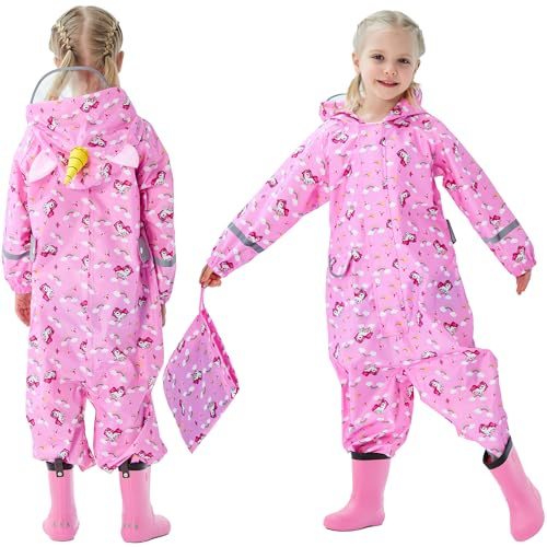 FILOWA Impermeable Chubasquero Niñas Lluvia con Capucha Portátil Chaquetas Lluvia Reutilizable Encapuchado Mono Traje Ligero Impermeables para Infantil Bebé 5-7 Años