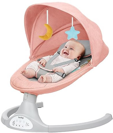 Bioby Sdraietta Neonati, Dondolo Neonati Elettrico con 5 Ampiezza di Dondolio, Telecomando, Bluetooth e Cintura a 5 Punti, Altalena Elettrica per Bambini da 2 a 9 kg, 0 a 10 Mesi (Rosa)