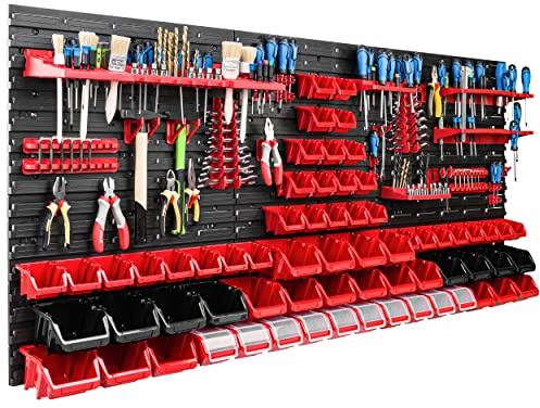 Lagersystem verkstadshylla | 172 x 78 cm | 66 st. låda | vägghylla med verktygshållare och stapelbara lådor – väggpaneler, extra stark bulkhylla, lagerhylla