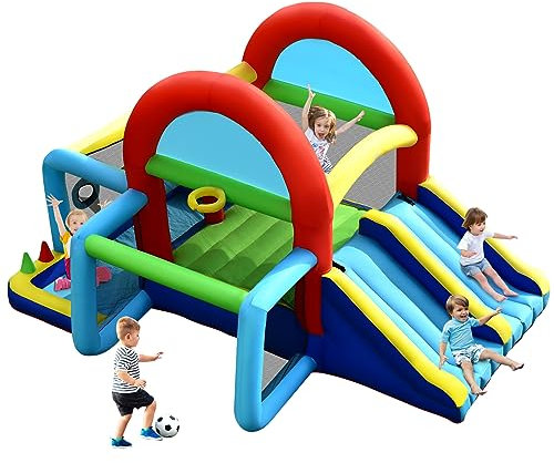 COSTWAY Castello Gonfiabile per bambini, Casa Gonfiabile con Doppio Scivolo, Area per Saltare, Piscina, con Borsa di Trasporto e Kit di Riparazione, per 4 Bambini di 3-10 Anni (Senza soffiatore)