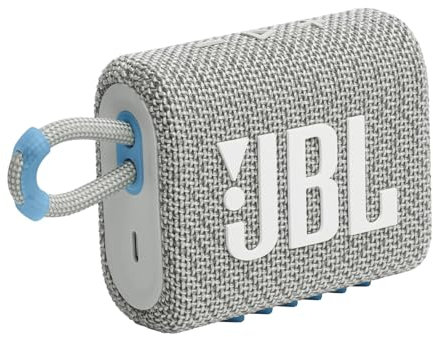 JBL GO 3 ECO Speaker Bluetooth Portatile, Cassa Altoparlante Wireless con Design Compatto, Resistente ad Acqua e Polvere IP67, Materiali Riciclati, fino a 5 h di Autonomia, USB, Bianco