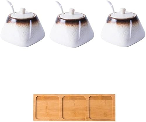 GImLY Tarro de especias de cerámica vintage con tapa, cuchara, azucarero de porcelana, caja de condimentos para cocina, restaurante, color blanco cremax3