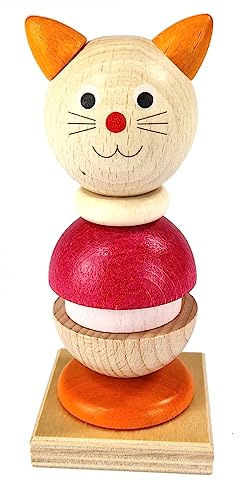 Hess Holzspielzeug 14981 - Stapelspiel aus Holz, Motiv Kätzchen, handgefertigt, für Kinder ab 3 Jahren, Turm mit Ringen und Kugelkopf
