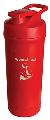 Teemando® Individuellt graverad premium rostfritt stål shaker med din önskade gravyr 750 ml, läckagesäkert lock, shakerboll, diskmaskinssäker för proteinshakes, fitness-diet present (röd)