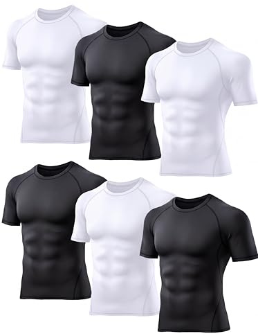TELALEO 6 Pack Men's Compression Shirt Short Sleeve Athletic Baselayer Sports T Shirts Workout Tops for Men Black White M