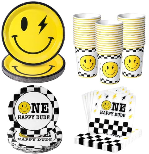 One Happy Dude Birthday Plates Yellow Smile Face Party Plates One Happy Dude Paper Plates Cups Napkins Decor Disposable Party Favors for Birthday Baby Shower Wedding Bachelor Party,Serves 25