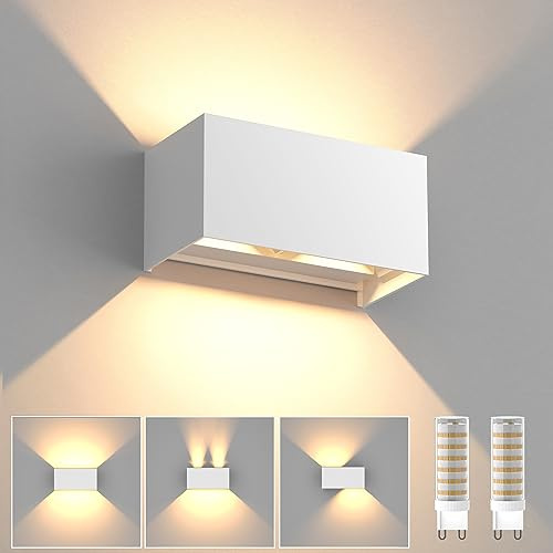 YrgePowk Wandleuchte mit Austauschbarer G9 LED Lamp, 18W 3000k Warmweiß Wandlampe IP65 Wasserdichte Aussenwandleuchte Auf und ab Einstellbarer Abstrahlwinkel Wandbeleuchtung（Weiß）