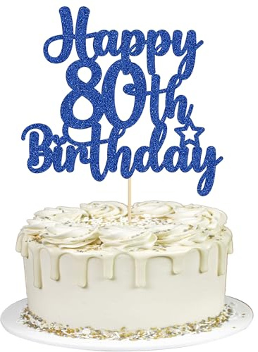 Gyufise 1Pc Happy 80th Birthday Cake Topper Glitter Cheers to 80 Years Old Birthday Cake Pick for Happy 80th Birthday Anniversary Party Cake Decorations Supplies Blue