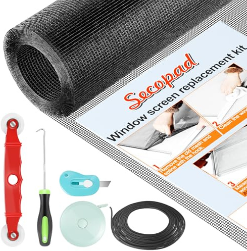 Secopad Window Screen Door Repair Kit, 48 x 177 Screen Door Mesh Replacement Kit, Durable Fiberglass Mesh Roll with Tools for Windows Doors Patio and Porch Replacement, Black
